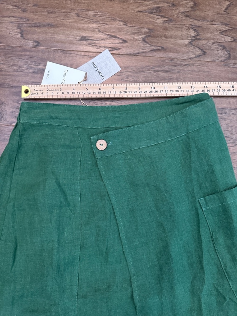 NWT Grae Cove SZ M Green Linen Blend Midi Skirt - Front Overlap A-Line - Picture 5 of 11